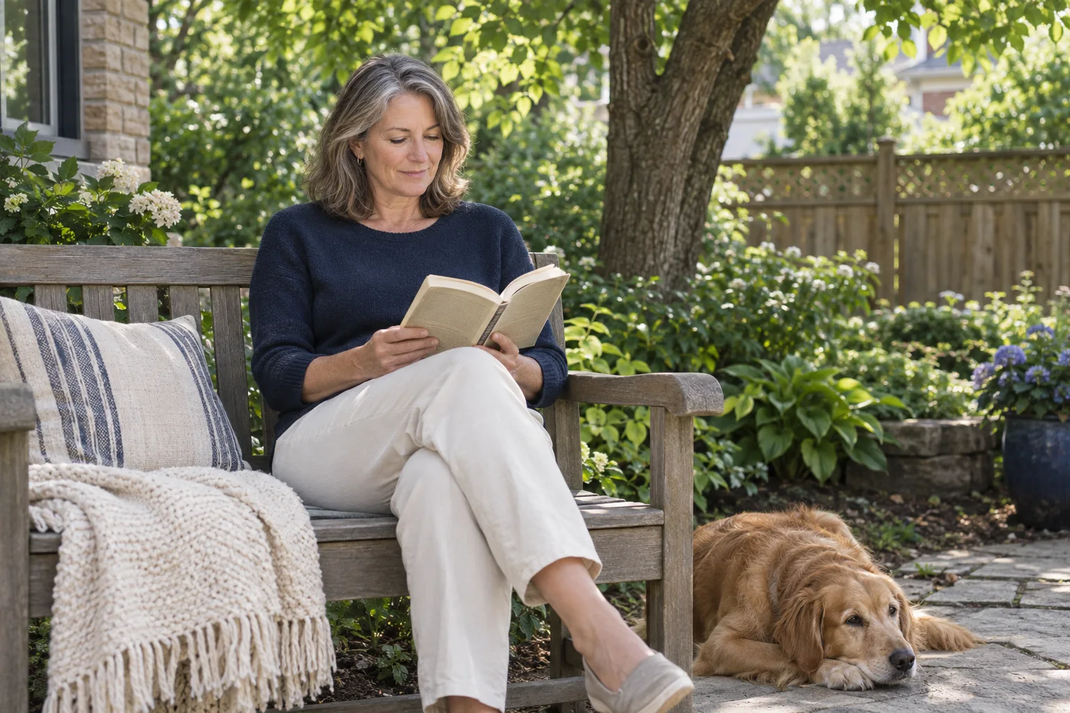 A woman reading in a garden with a dog resting nearby