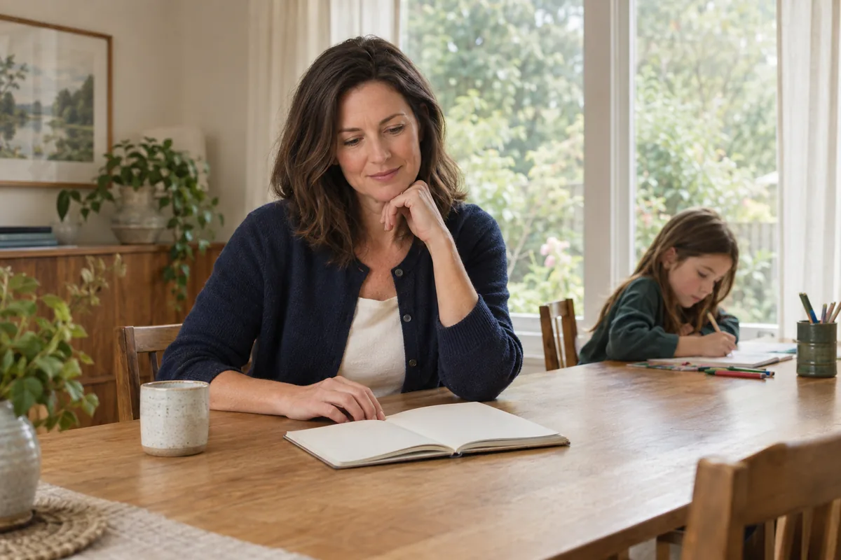 A woman considering her priorities while her child draws nearby