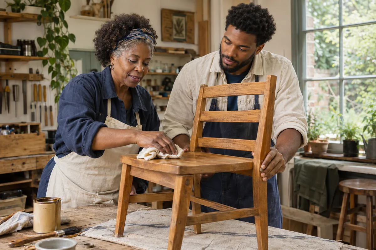 A mother and her adult son restoring a wooden chair together