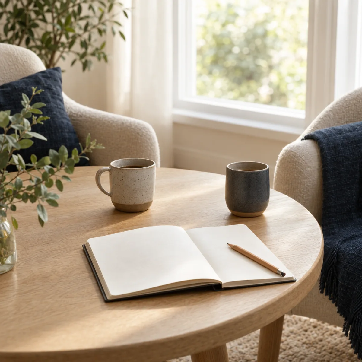 A notebook and two cups arranged for a conversation at a round table