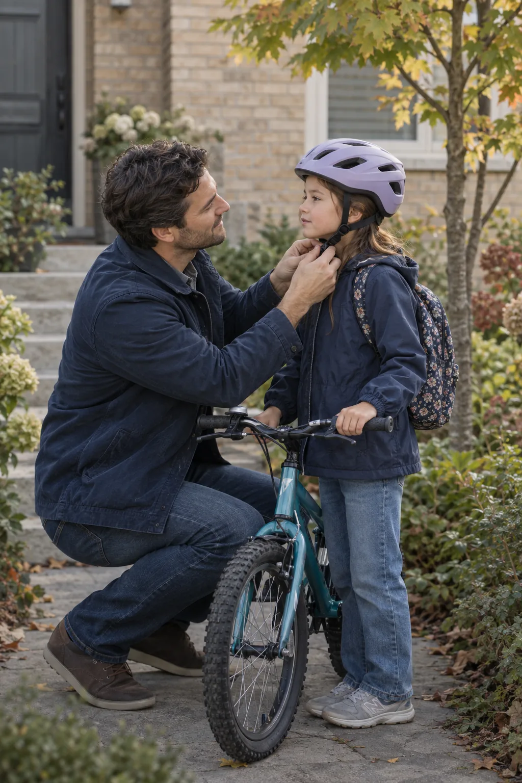 A father fastening his child’s bicycle helmet outside their home