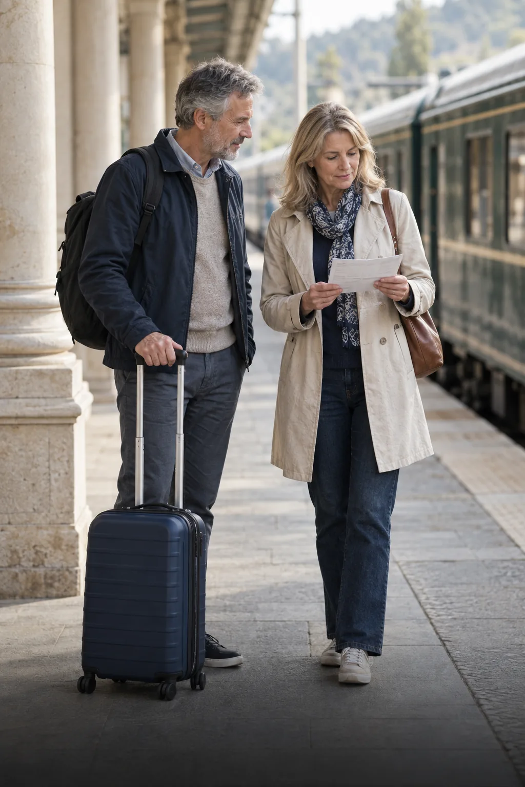 Two travellers checking their documents beside luggage at a train station