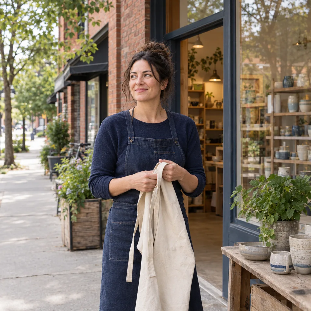 A ceramics shop owner outside her neighbourhood storefront