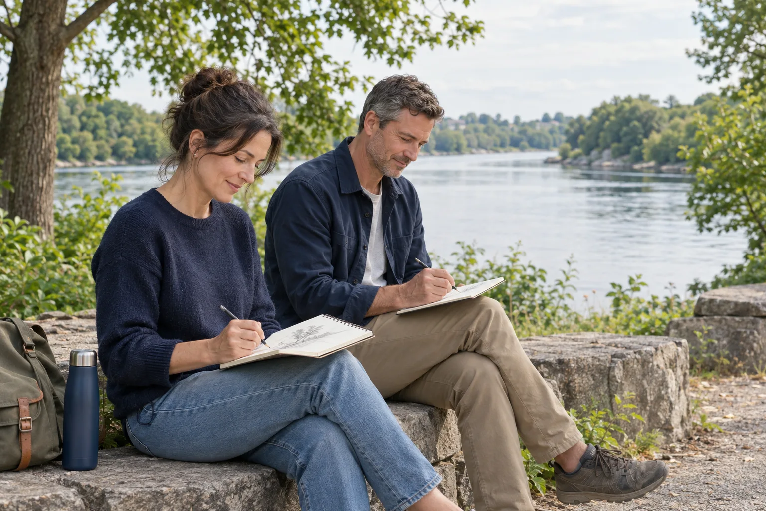 A couple sketching together beside the river