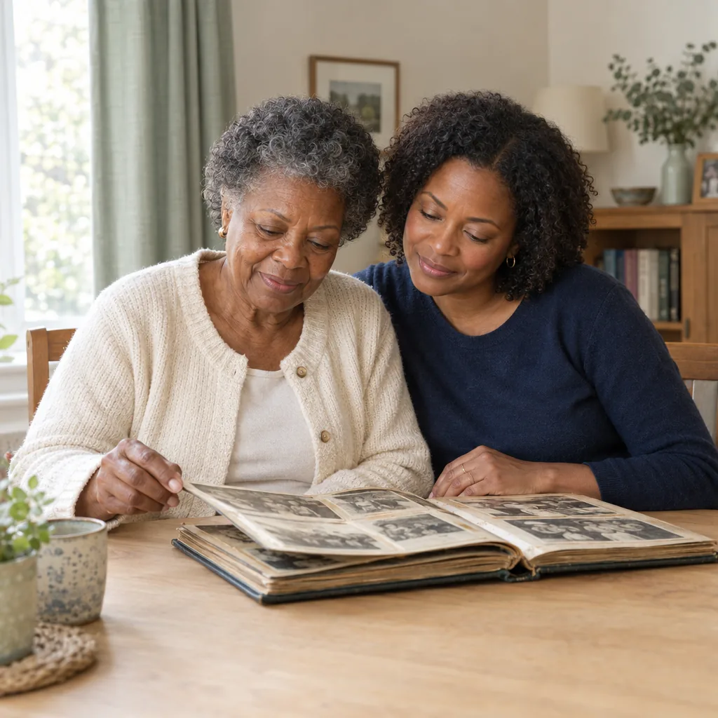 A mother and her adult daughter looking through a family photo album at home
