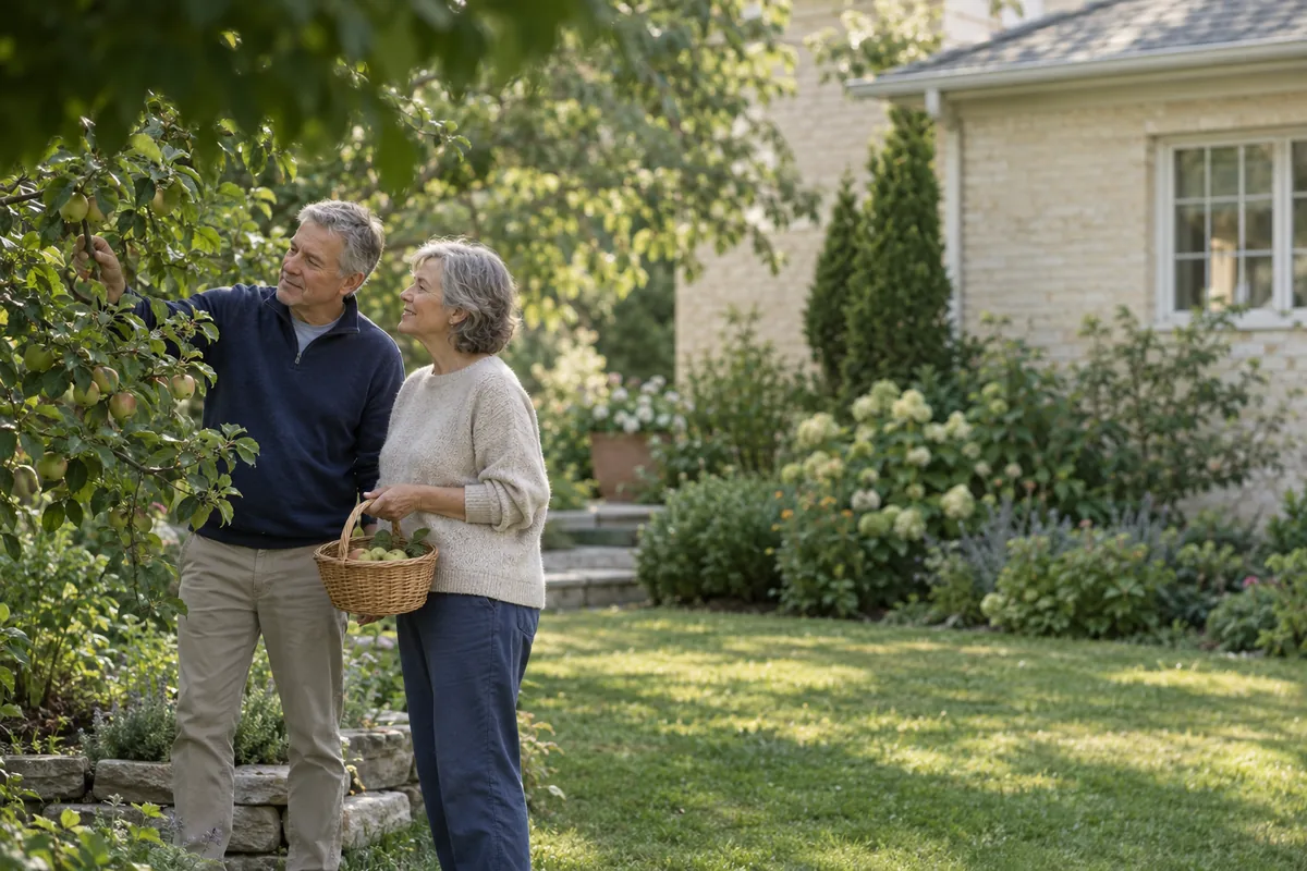 An older couple tending a fruit tree in an established family garden