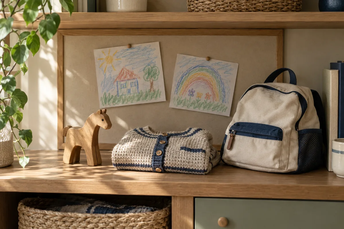 Children’s drawings, a toy horse and a backpack on a wooden shelf