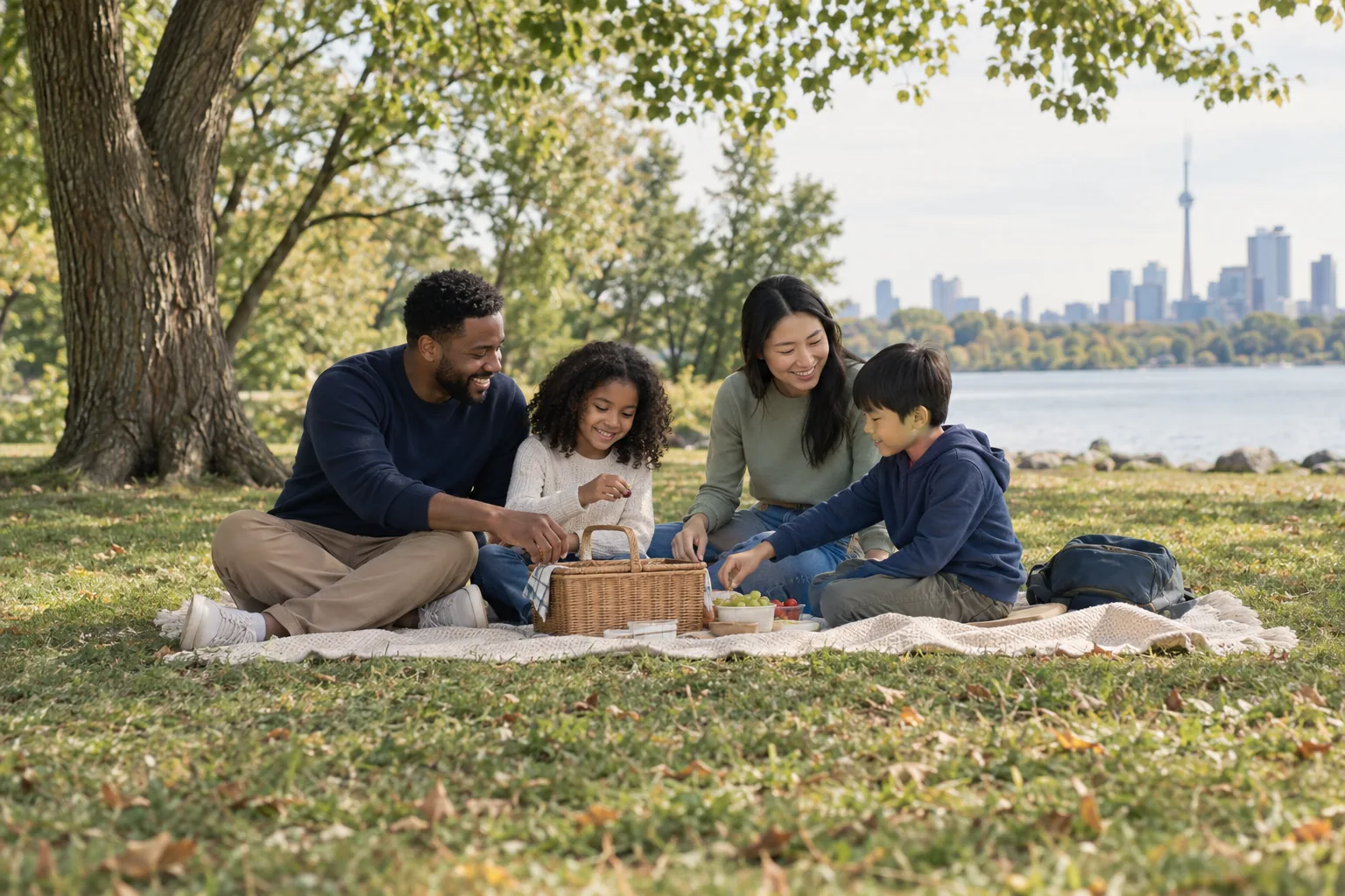 Parents and two young children sharing a simple picnic in a leafy park